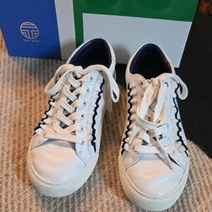 Tory Sport White and Blue Leather Lace-Up Sneakers